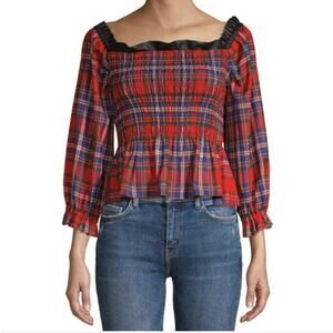 Tanya Taylor Smocked Cropped Plaid Blouse Leather Accents Long Sleeve Red 2